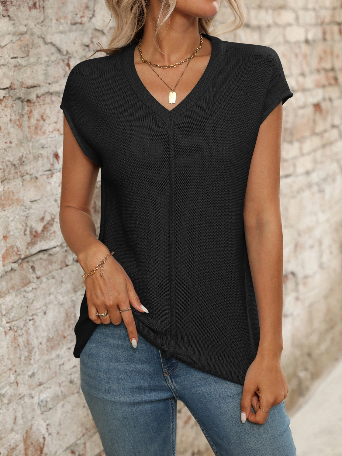 V-Neck Short Sleeve Knit Top.
