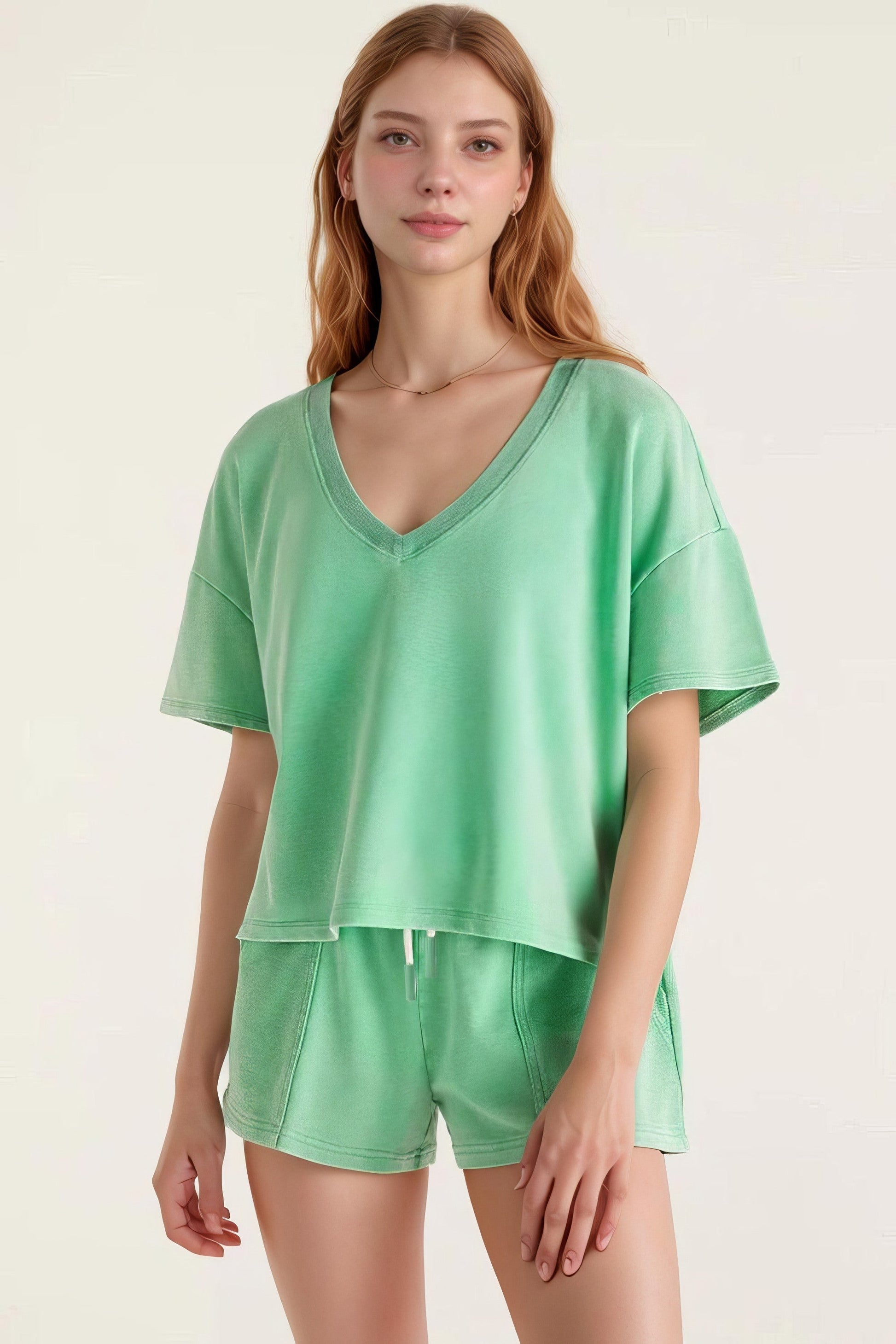 Women's V-neck short sleeve loose top and drawstring shorts set with pockets