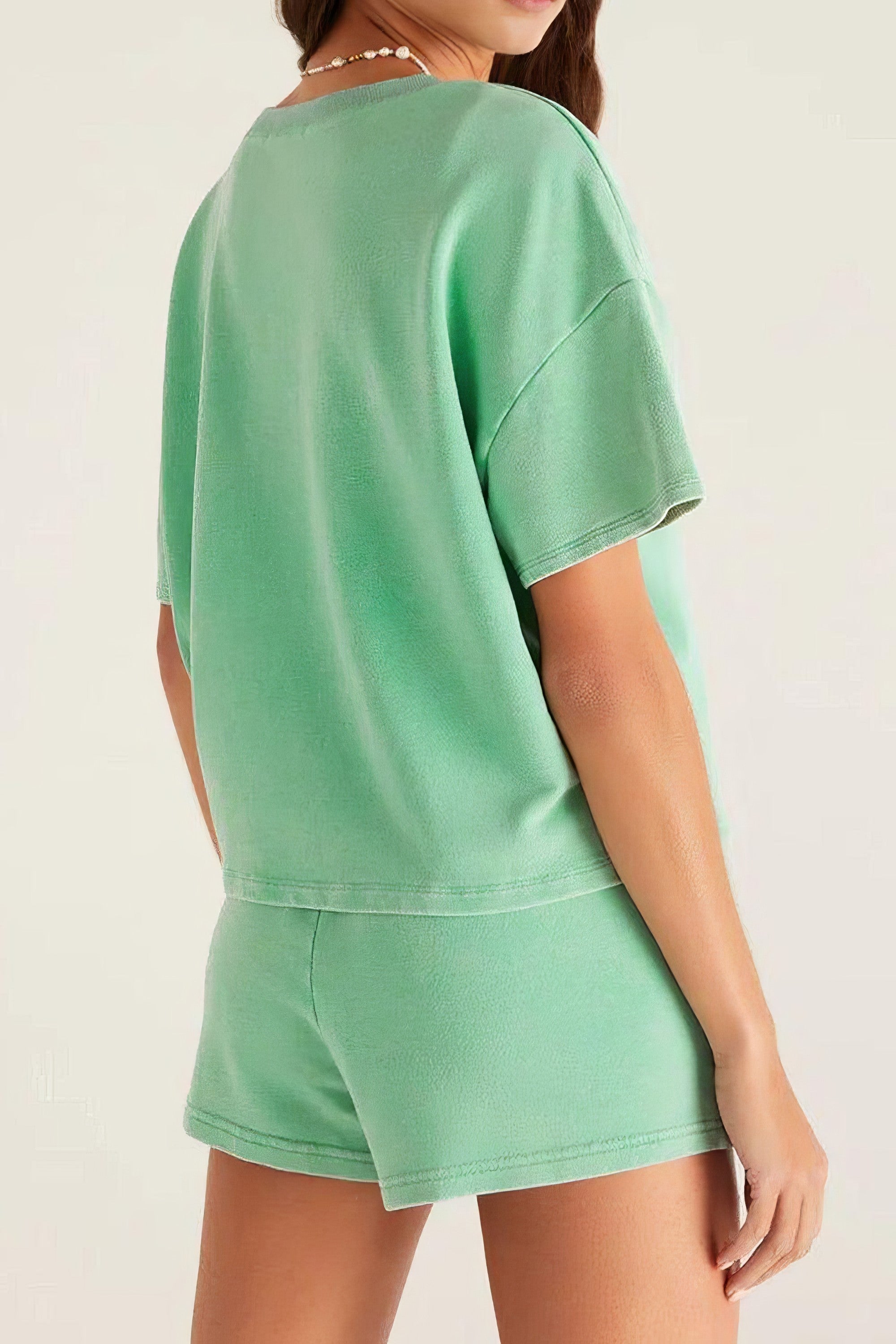 Women's V-neck short sleeve loose top and drawstring shorts set with pockets