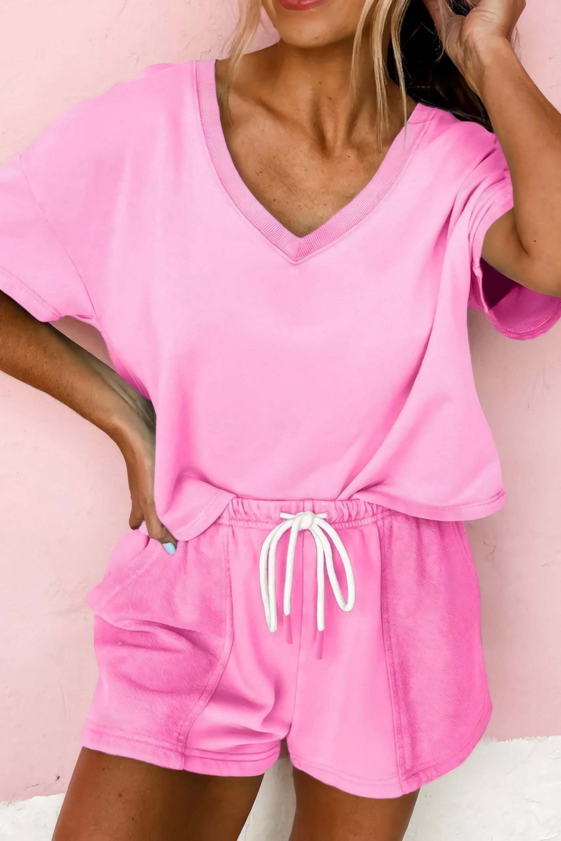v neck short sleeve top and shorts set everyday essential, comfortable women's two-piece outfit, basic style summer wear, versatile v-neck top, relaxed fit shorts, ideal for daily casual wear