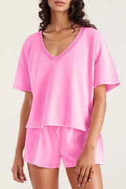 v neck short sleeve top and shorts set everyday essential, comfortable women's two-piece outfit, basic style summer wear, versatile v-neck top, relaxed fit shorts, ideal for daily casual wear