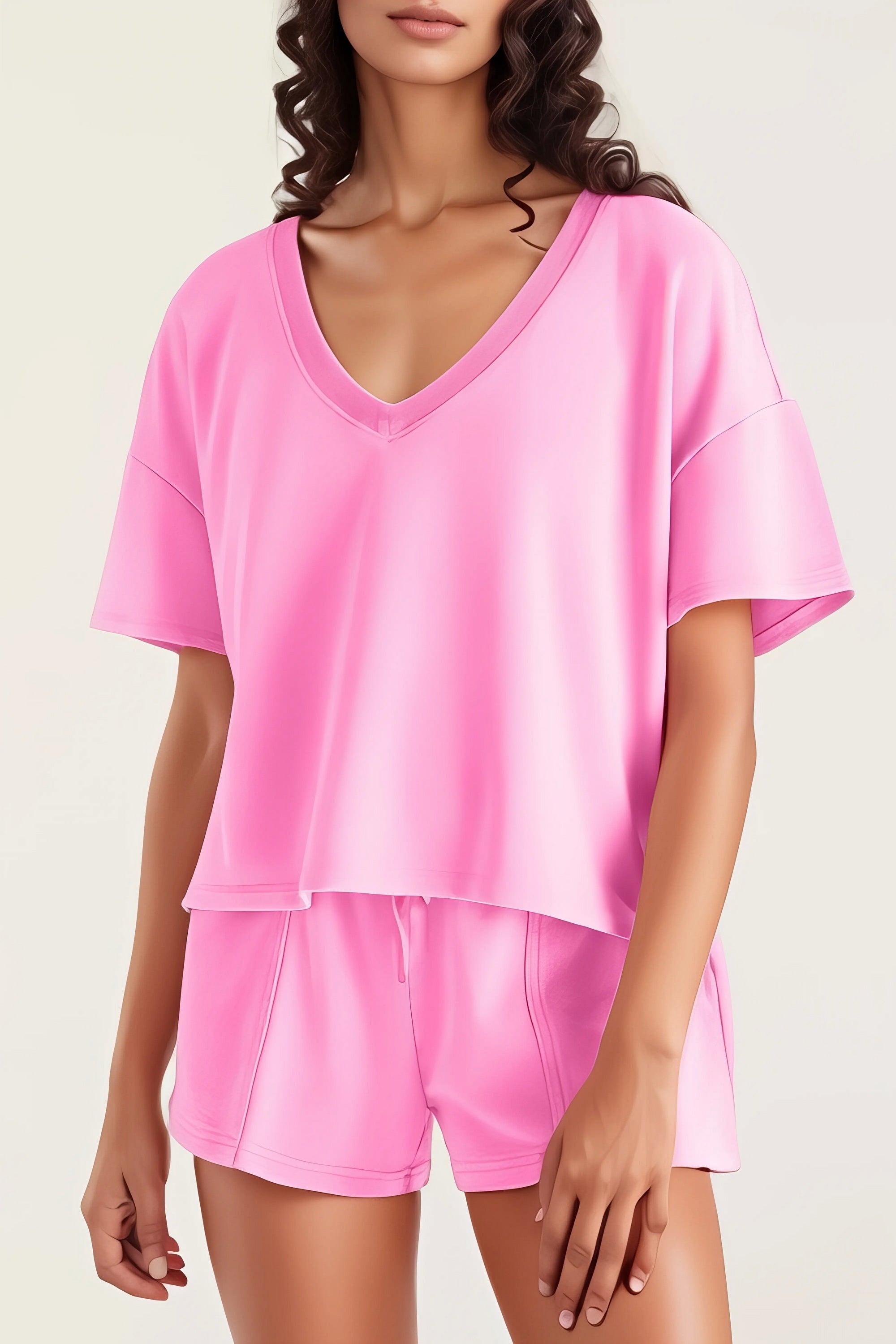 v neck short sleeve top and shorts set everyday essential, comfortable women's two-piece outfit, basic style summer wear, versatile v-neck top, relaxed fit shorts, ideal for daily casual wear