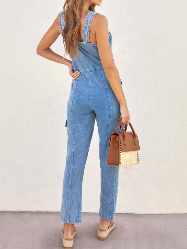 V-Neck Sleeveless Denim Jumpsuit with Pockets and Drawstring.