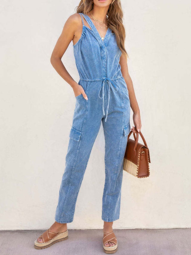Drawstring Round Neck Sleeveless Jumpsuit with Pockets.