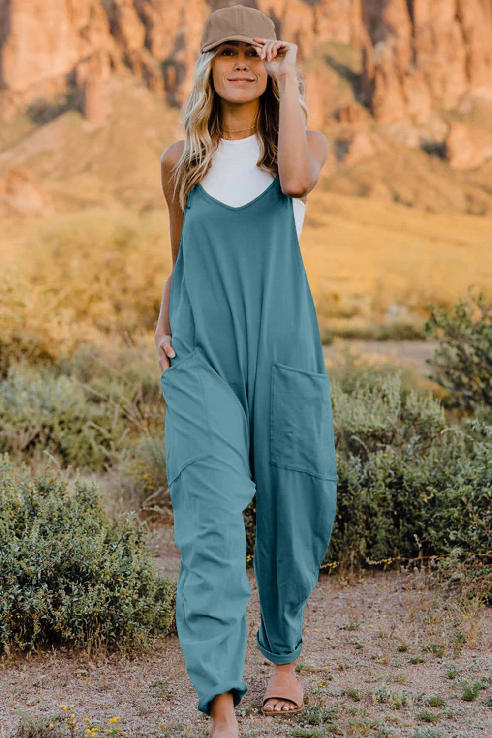 V-Neck Sleeveless Jumpsuit with Pockets.