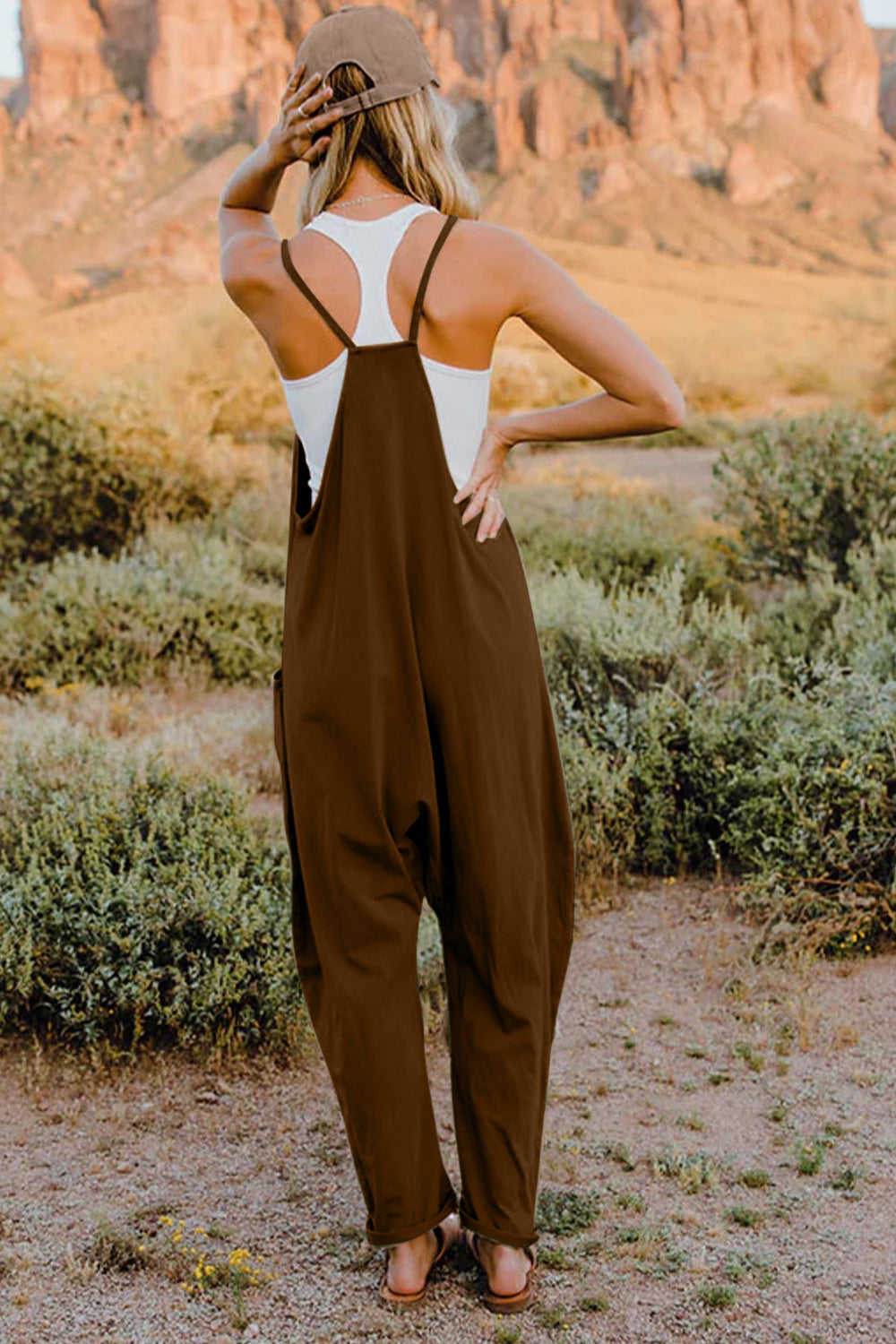 V-Neck Sleeveless Jumpsuit with Pockets.
