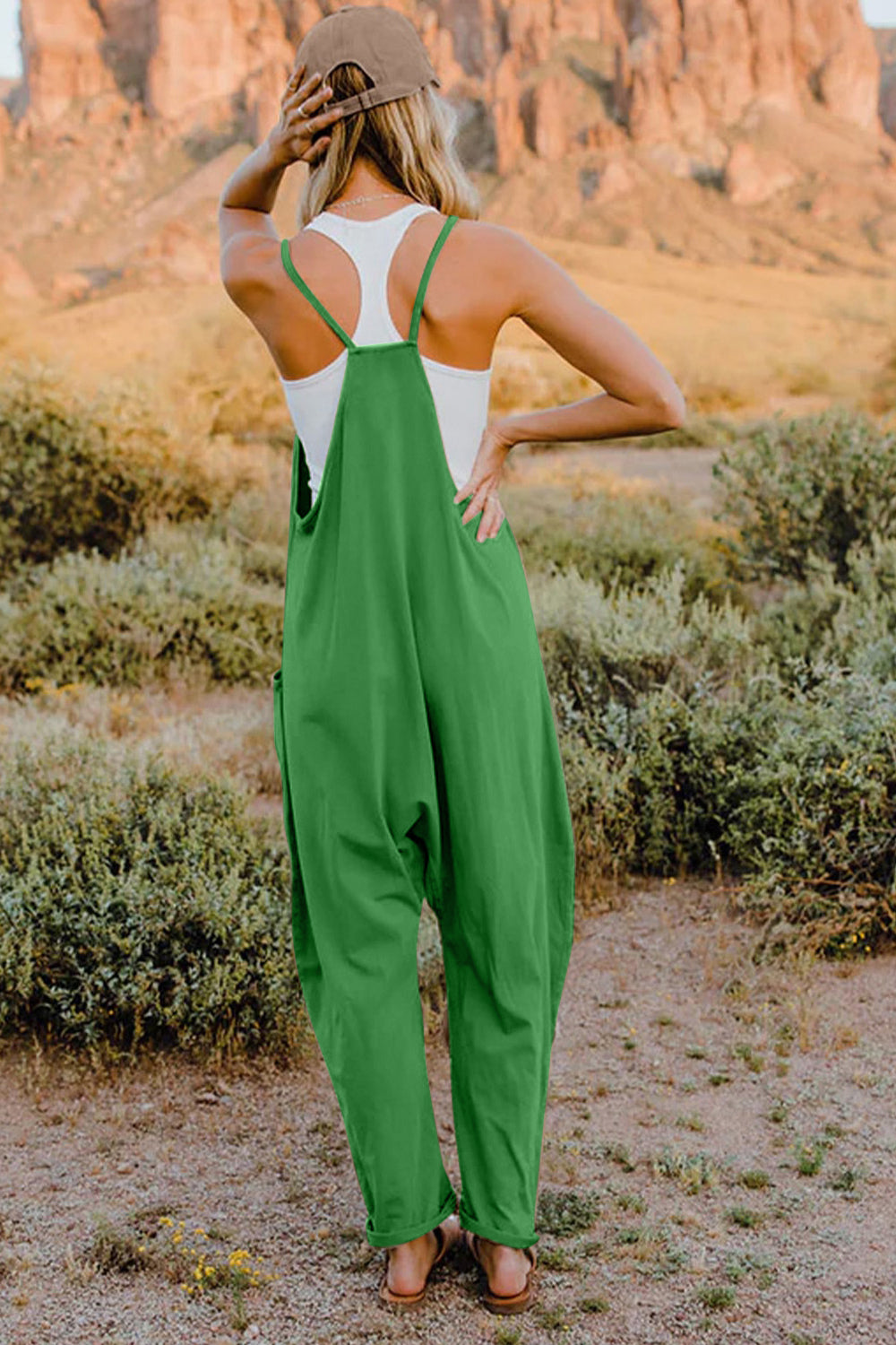 V-Neck Sleeveless Jumpsuit with Pockets.