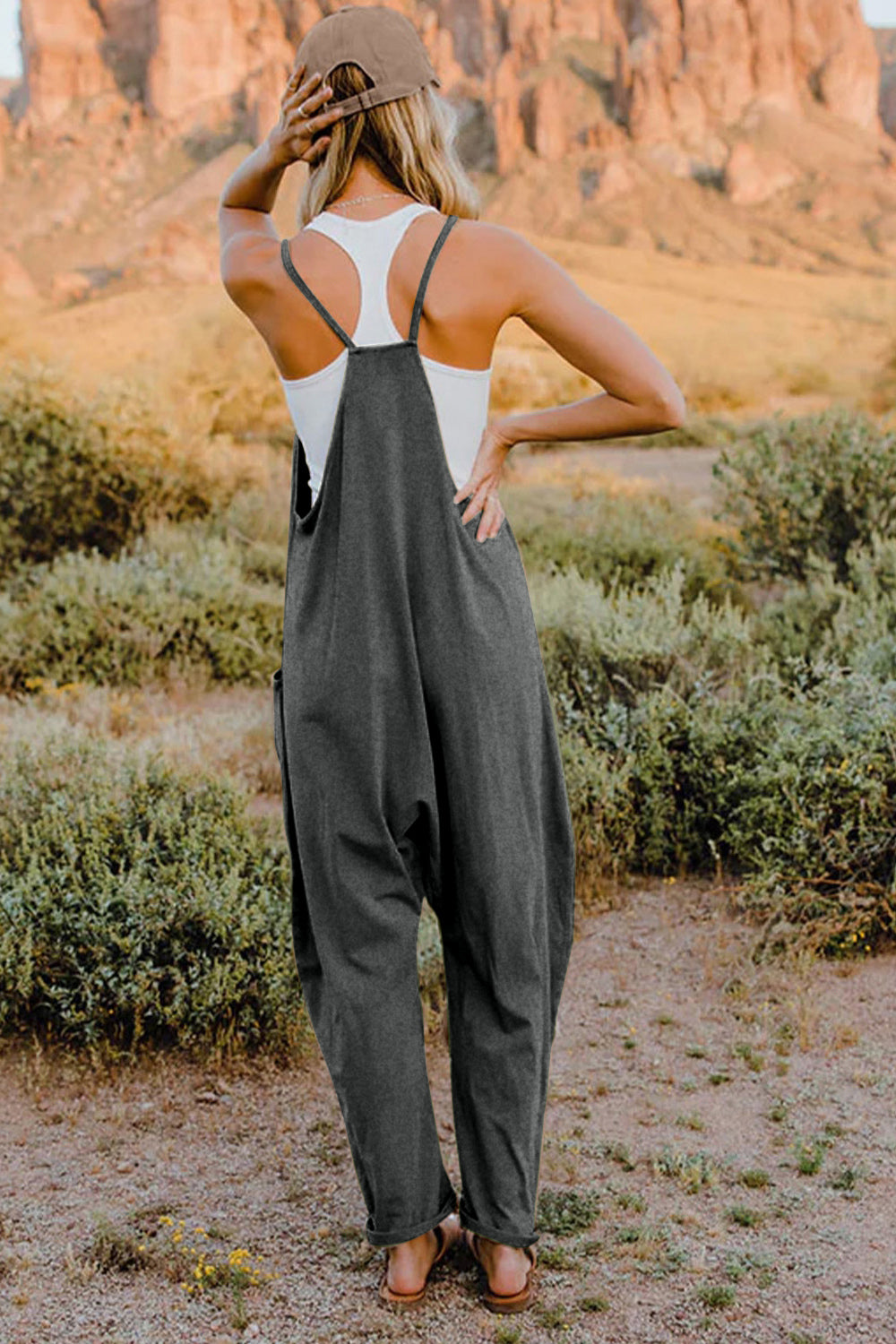 V-Neck Sleeveless Jumpsuit with Pockets.