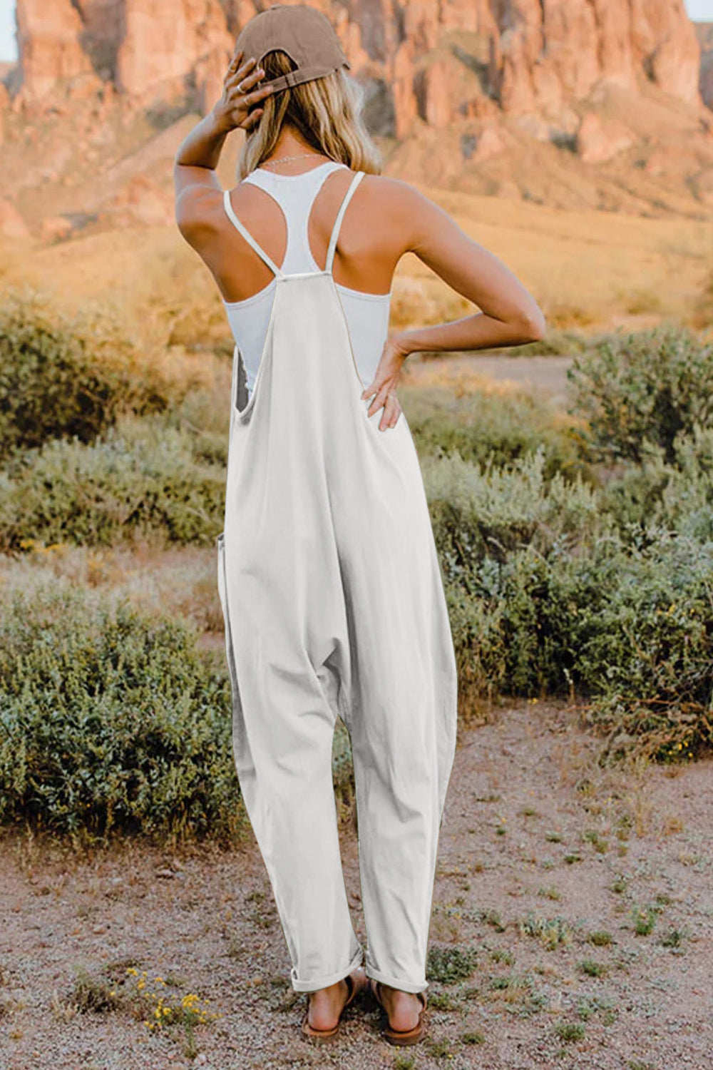 V-Neck Sleeveless Jumpsuit with Pockets.