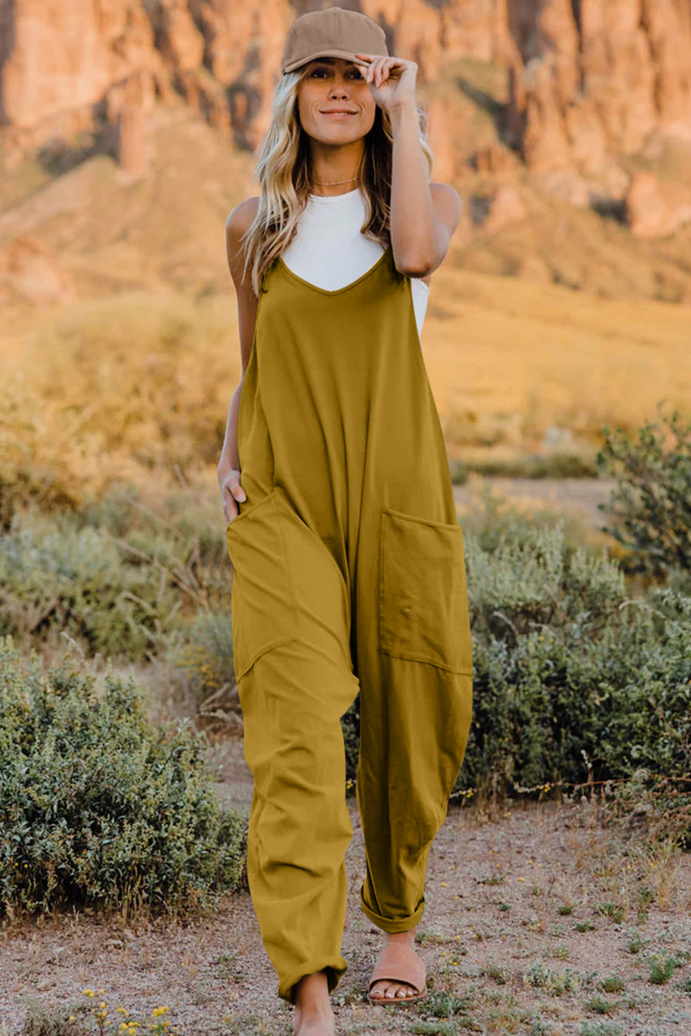 V-Neck Sleeveless Jumpsuit with Pockets.