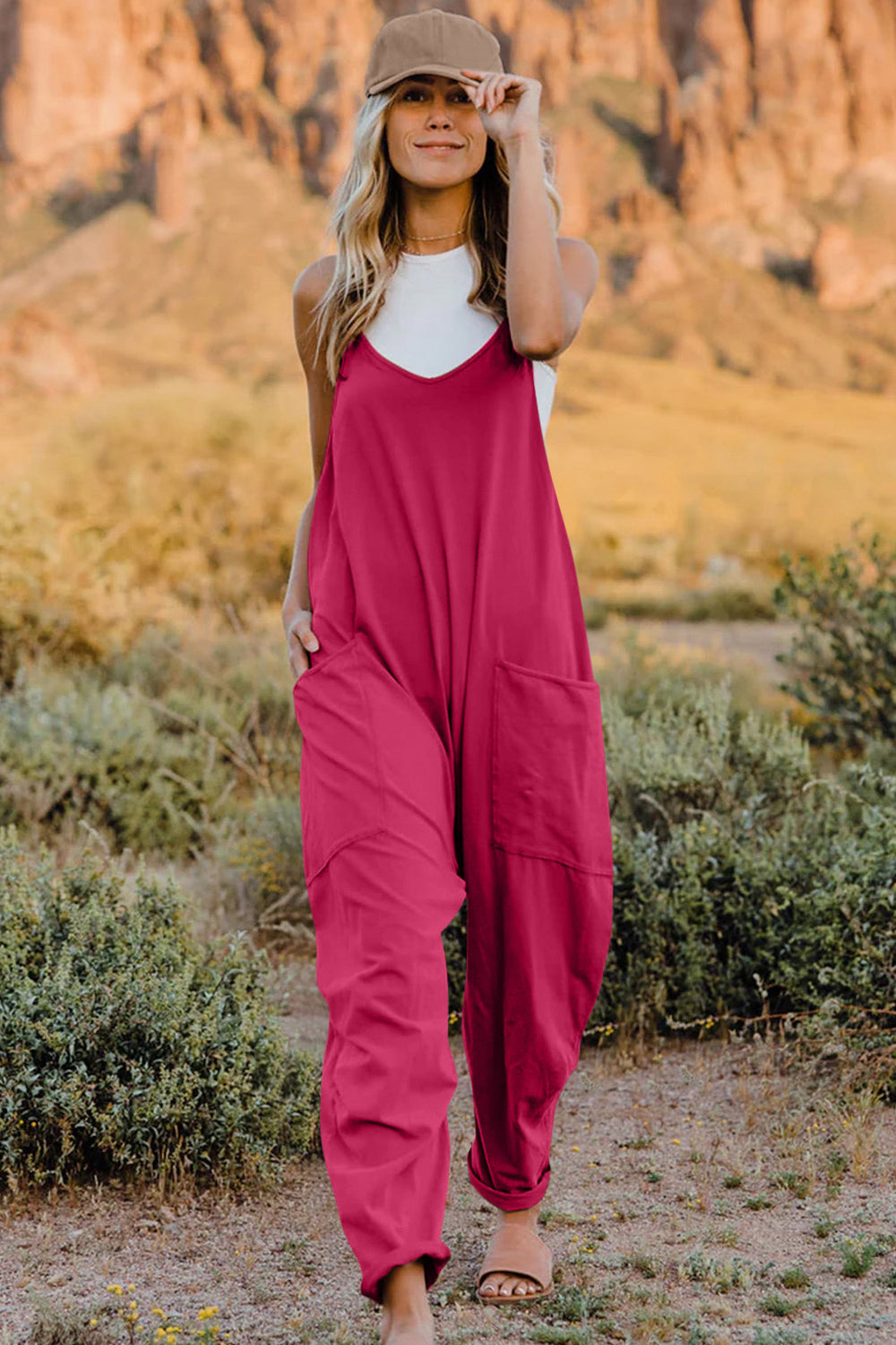 V-Neck Sleeveless Jumpsuit with Pockets.