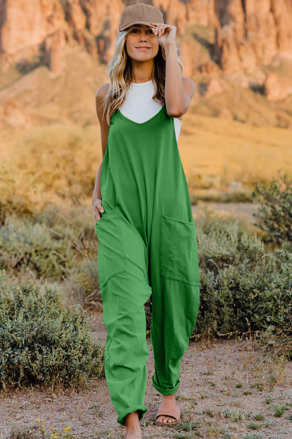 V-Neck Sleeveless Jumpsuit with Pockets.