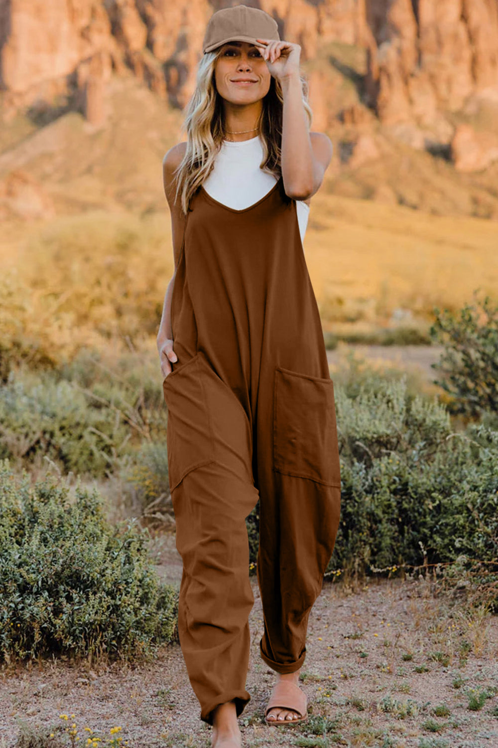 V-Neck Sleeveless Jumpsuit with Pockets.