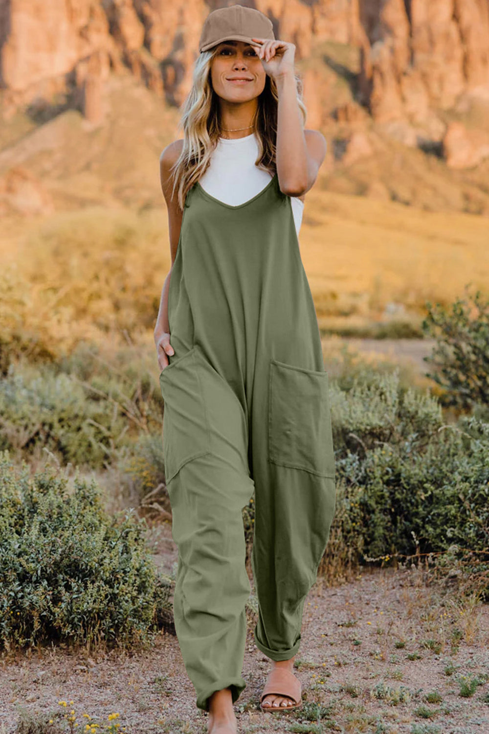 V-Neck Sleeveless Jumpsuit with Pockets.
