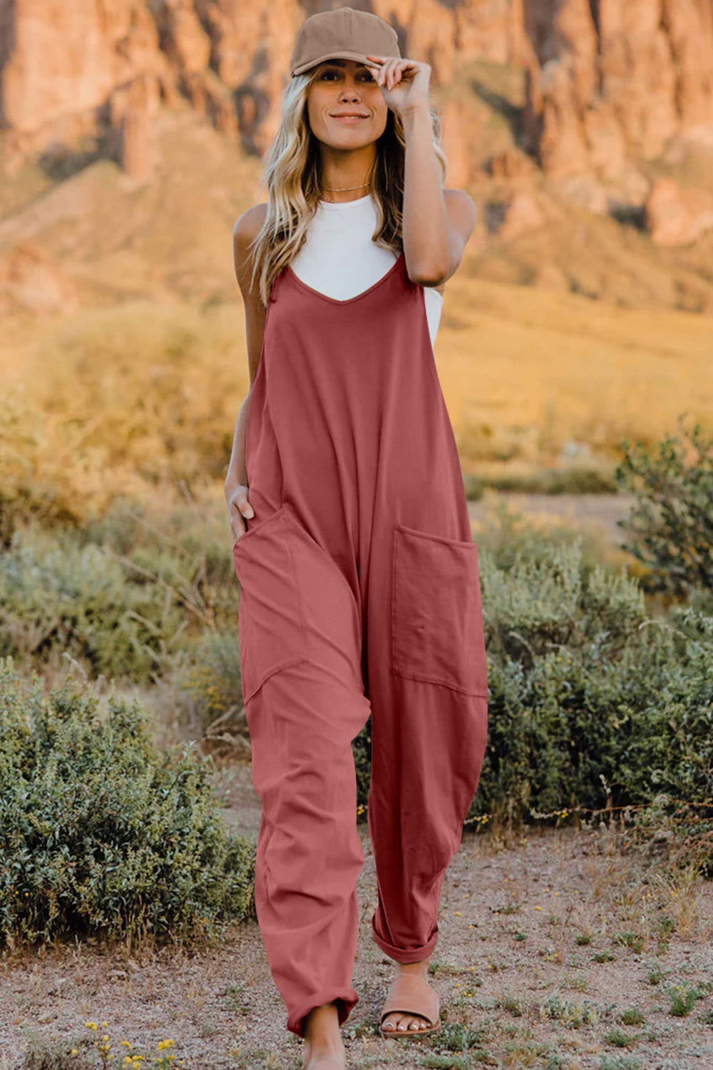 V-Neck Sleeveless Jumpsuit with Pockets.