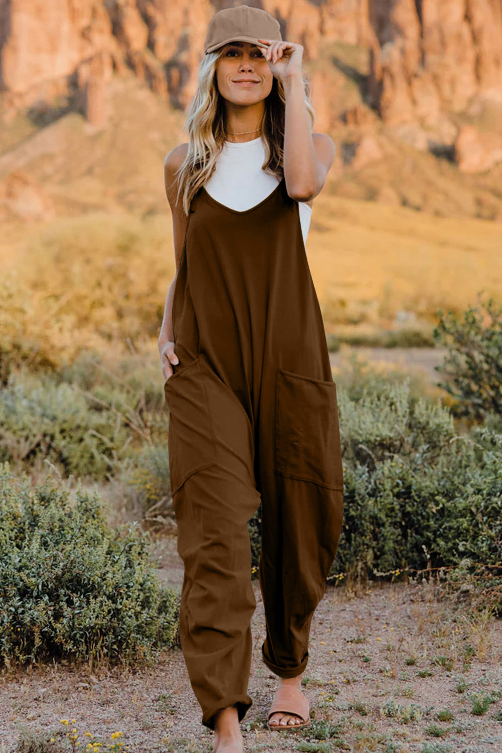 V-Neck Sleeveless Jumpsuit with Pockets.