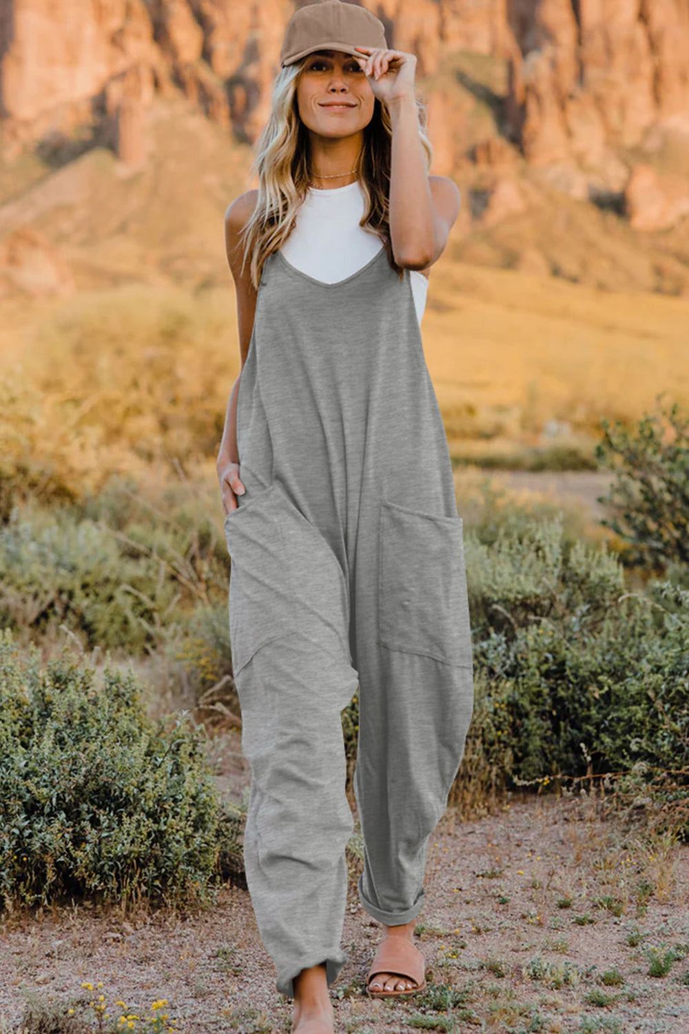 V-Neck Sleeveless Jumpsuit with Pockets.