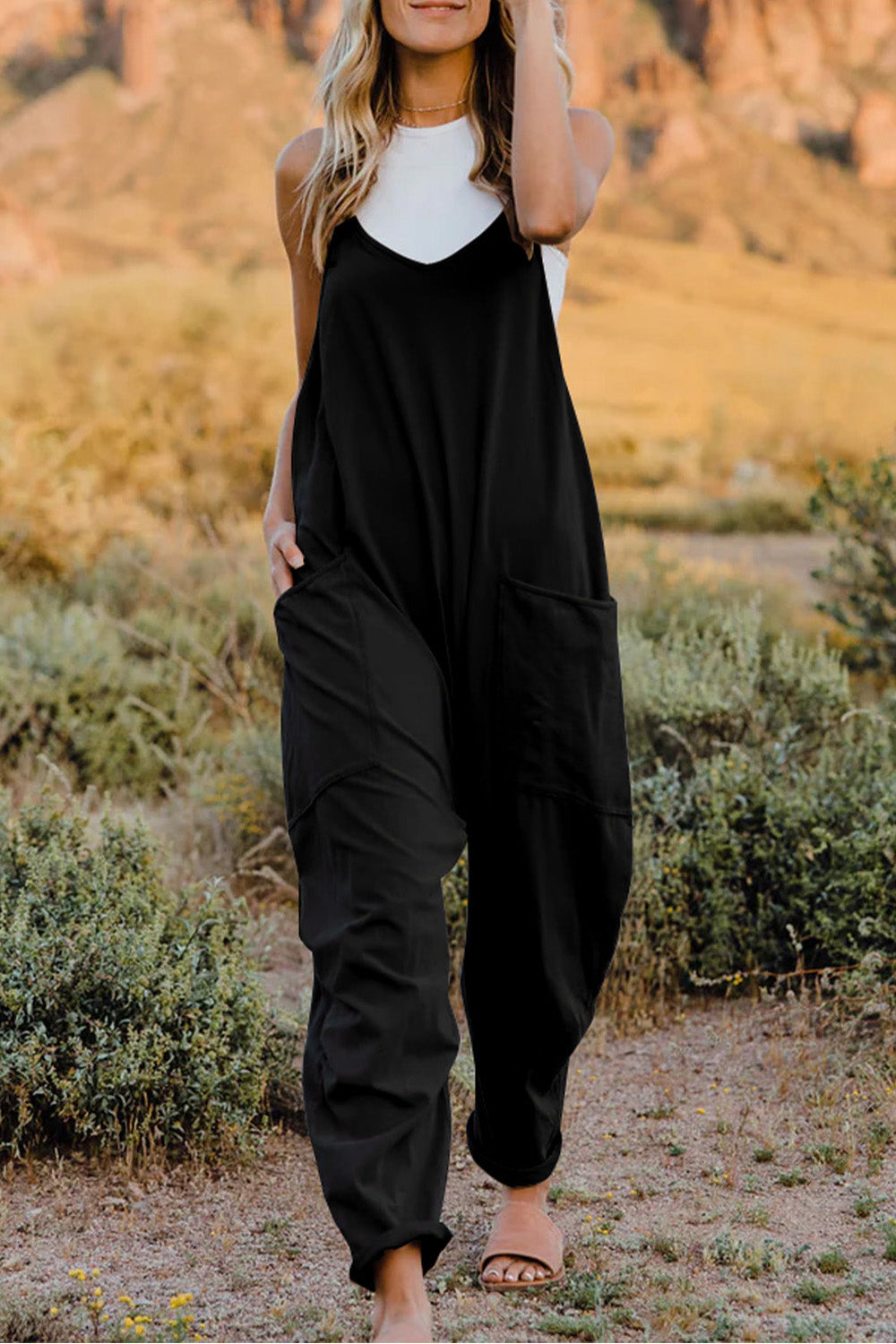 Surplice Wide Strap Jumpsuit with Pockets.