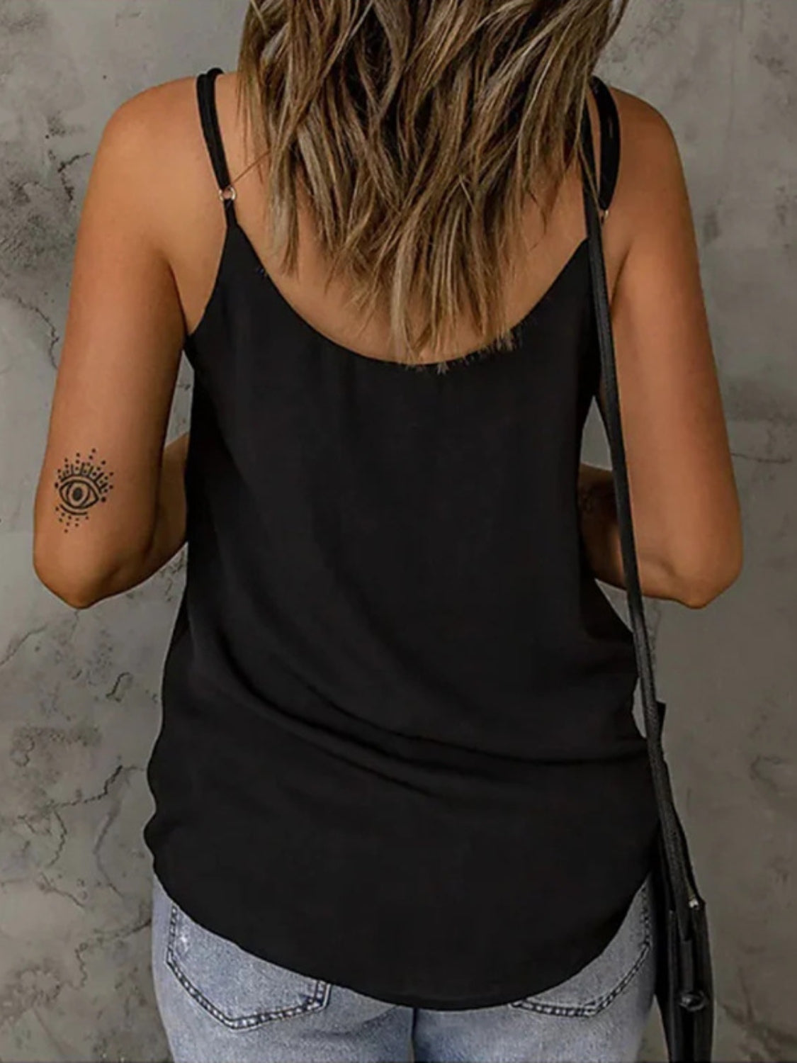 Full size V-neck spaghetti strap cami, semi-sheer.