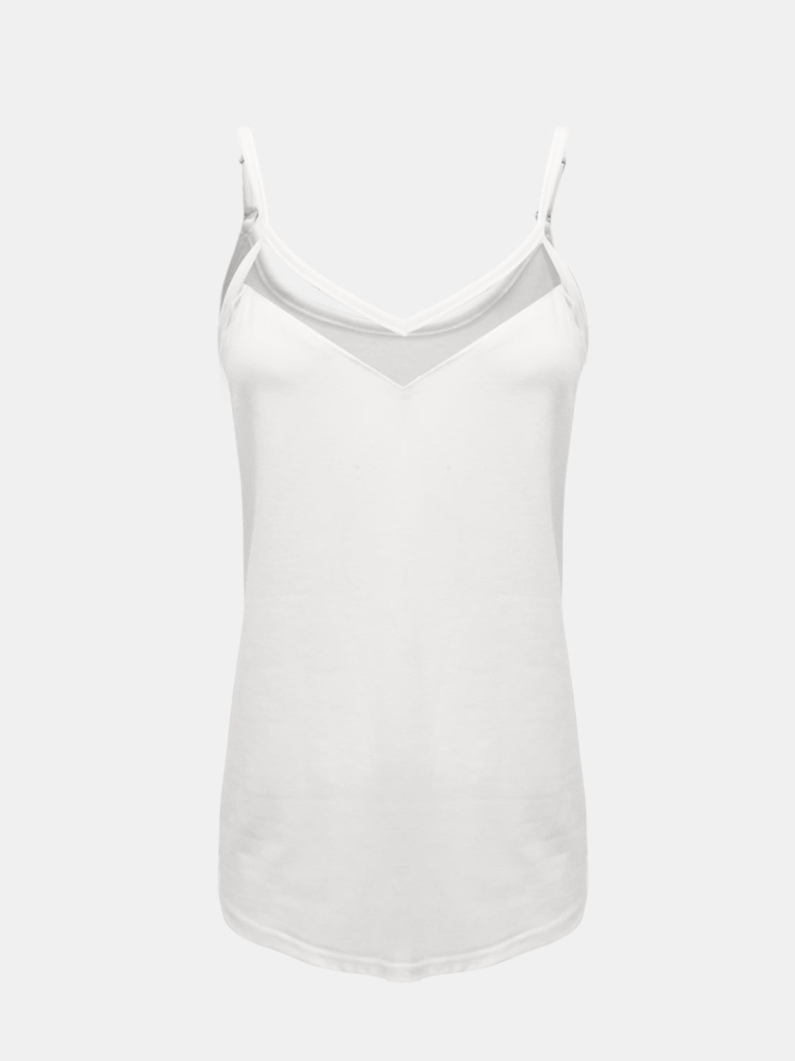 Full size V-neck spaghetti strap cami, semi-sheer.