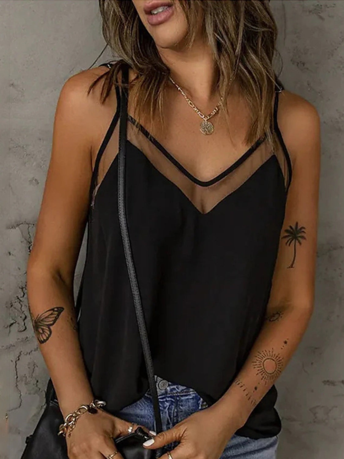 Full size V-neck spaghetti strap cami, semi-sheer.