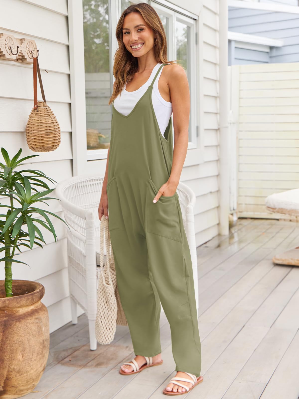 V-Neck Spaghetti Strap Jumpsuit with Pockets.
