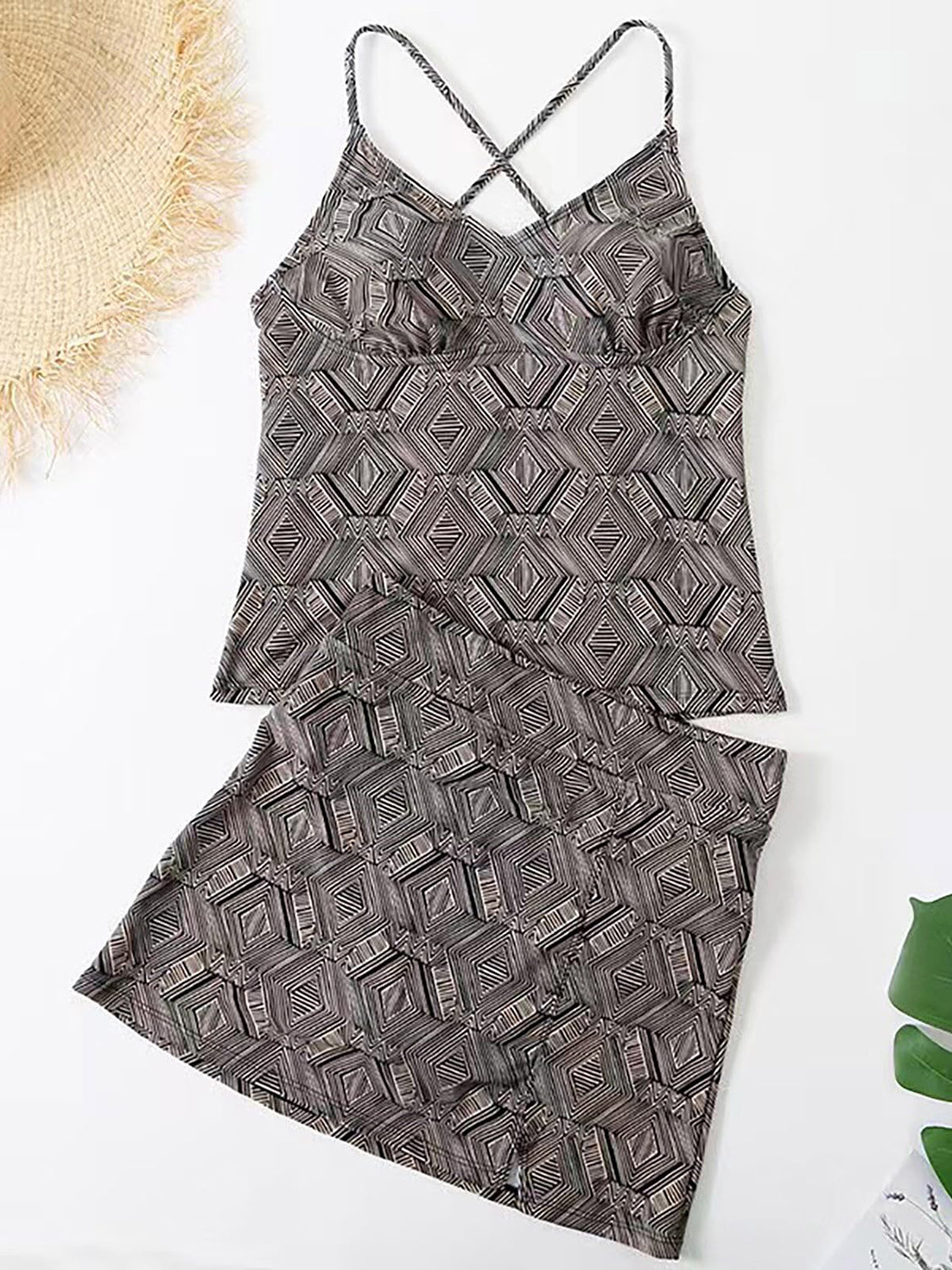 V-Neck Spaghetti Strap Top and Skirt Swim Set.