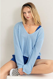 Hyfve V-Neck Stripe Texture Long Sleeve Top.