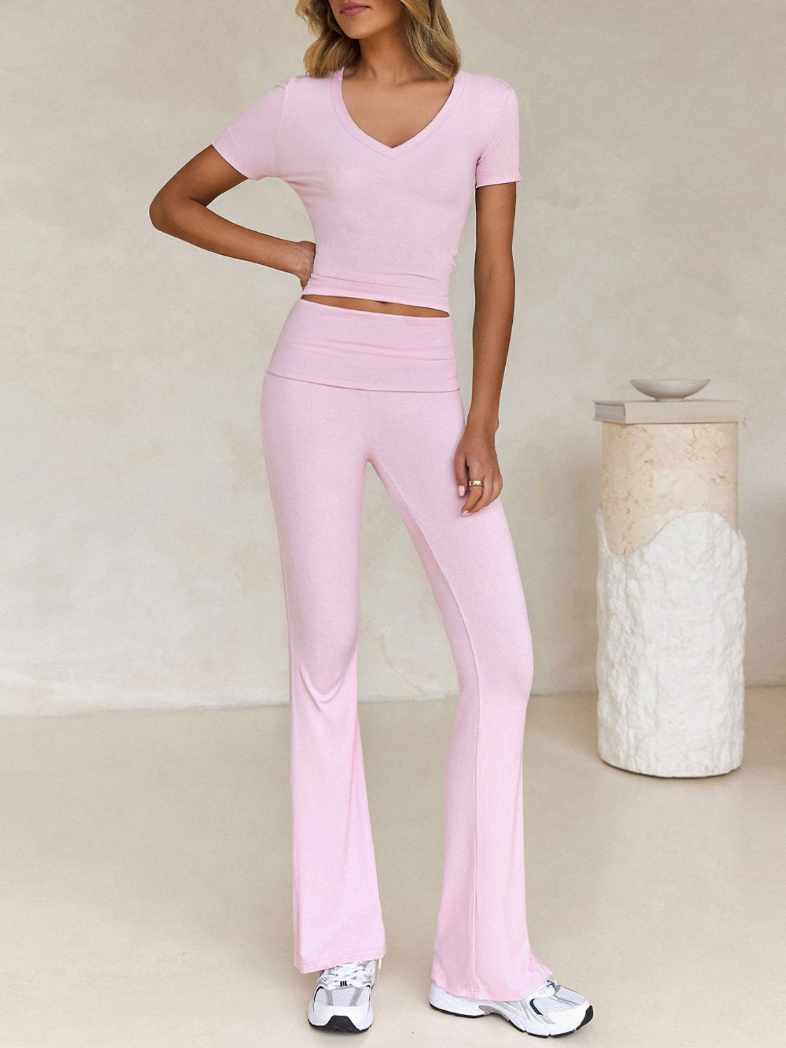 Devine V-Neck Top and Bootcut Leggings Set.