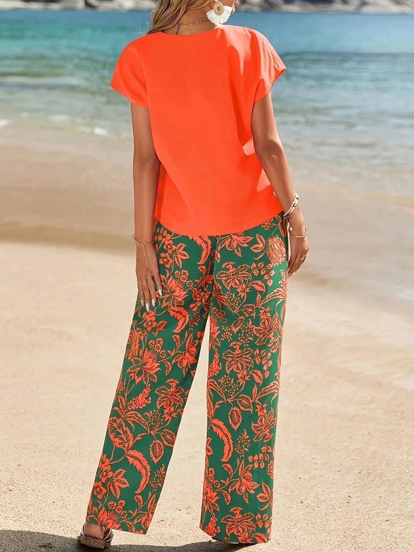 V-Neck Top and Summer Beach Floral Print Pants Two-Piece Set.