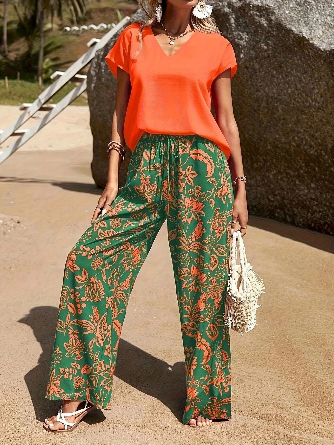 V-Neck Top and Summer Beach Floral Print Pants Two-Piece Set.