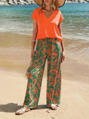 V-Neck Top and Summer Beach Floral Print Pants Two-Piece Set.