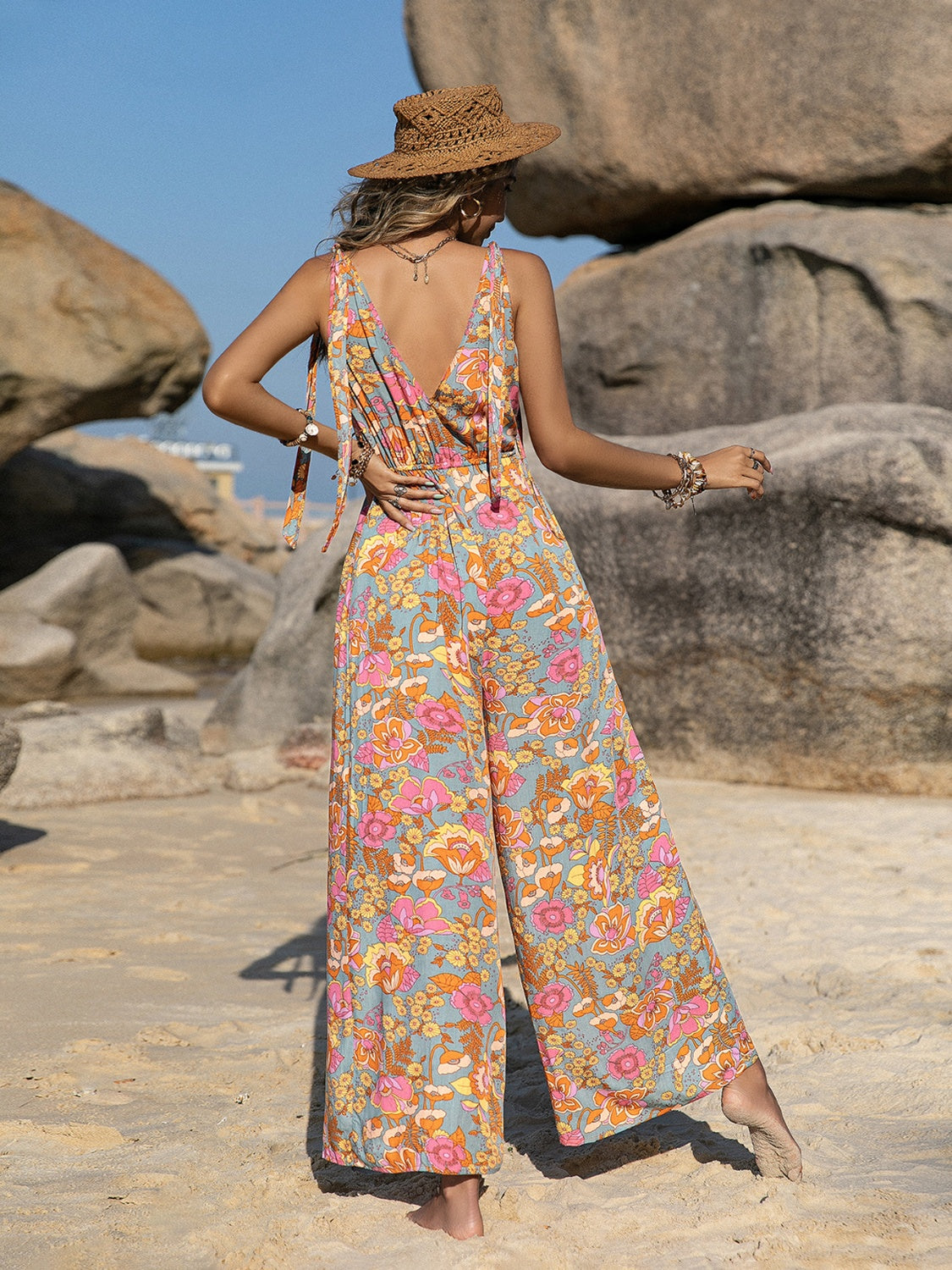 V-Neck Wide Leg Jumpsuit with Tie.