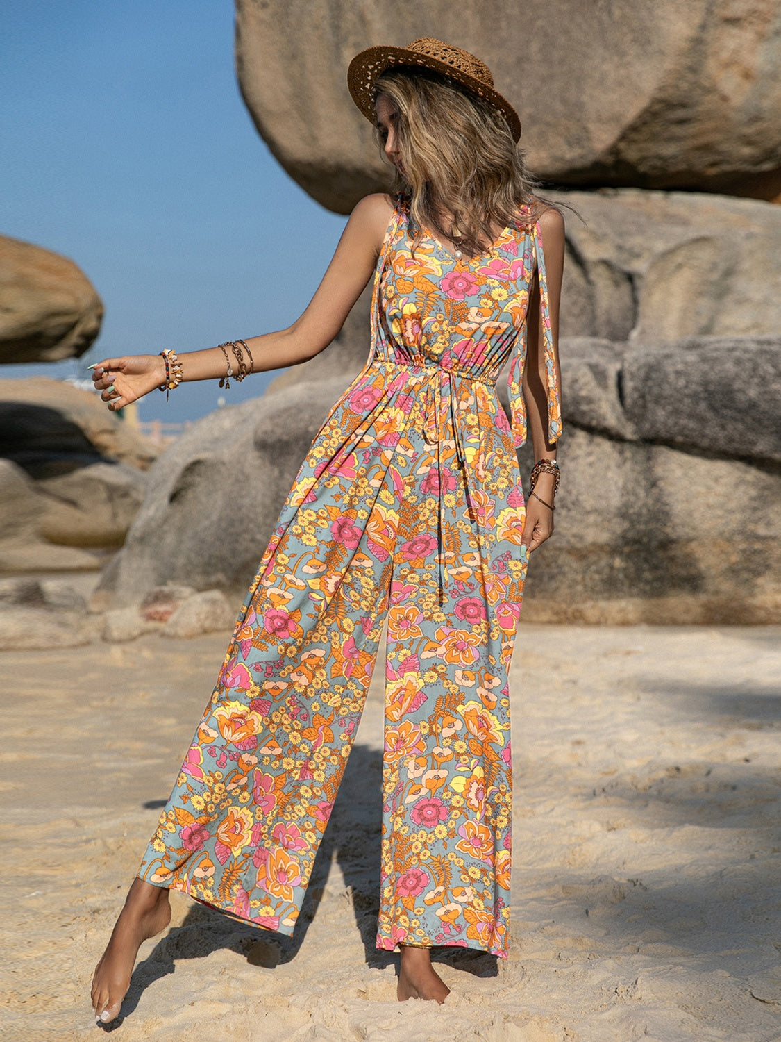 V-Neck Wide Leg Jumpsuit with Tie.