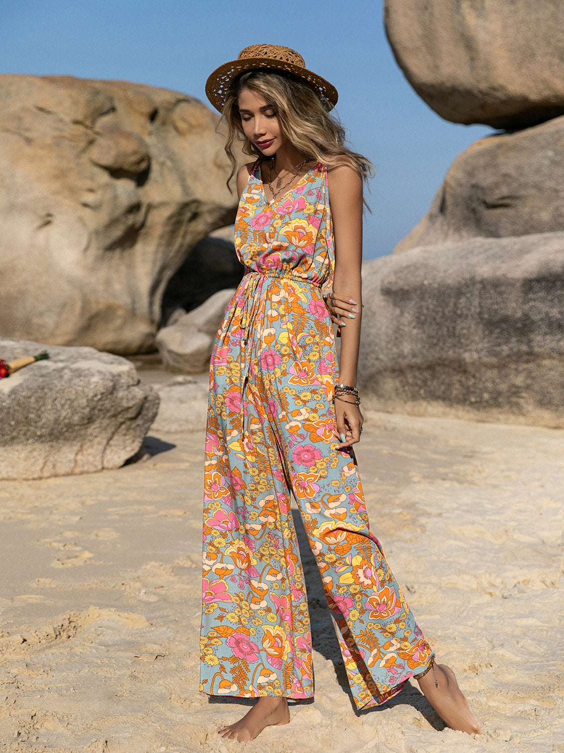 V-Neck Wide Leg Jumpsuit with Tie.