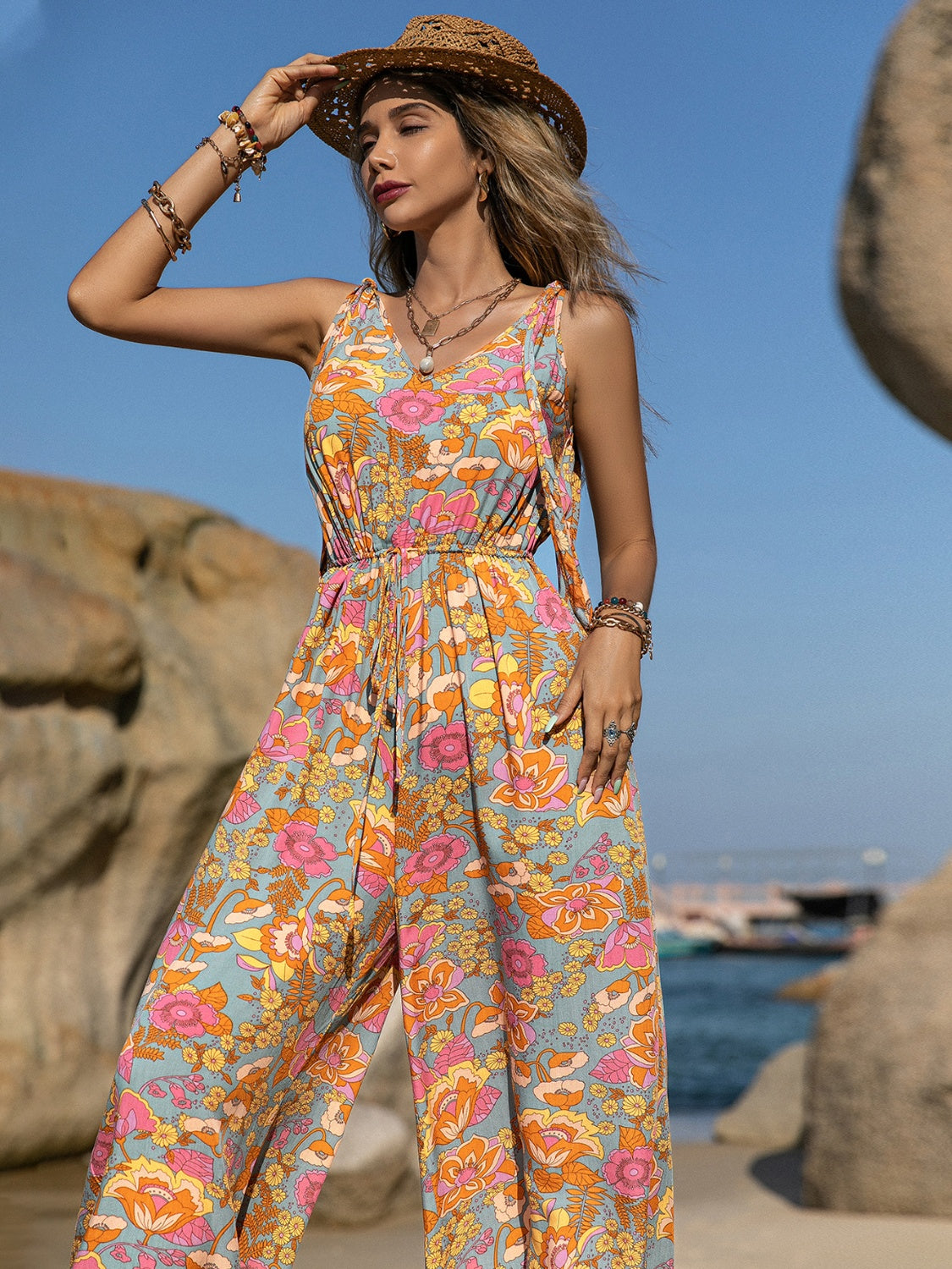 Spaghetti Strap V-Neck Jumpsuit with Pockets.