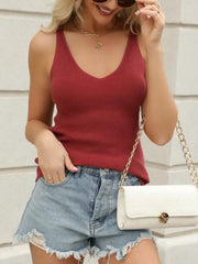V-neck wide strap knit tank, moderately stretchy.