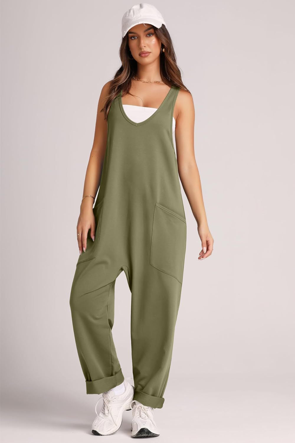 V-Neck Wide Strap Overalls with Pockets.
