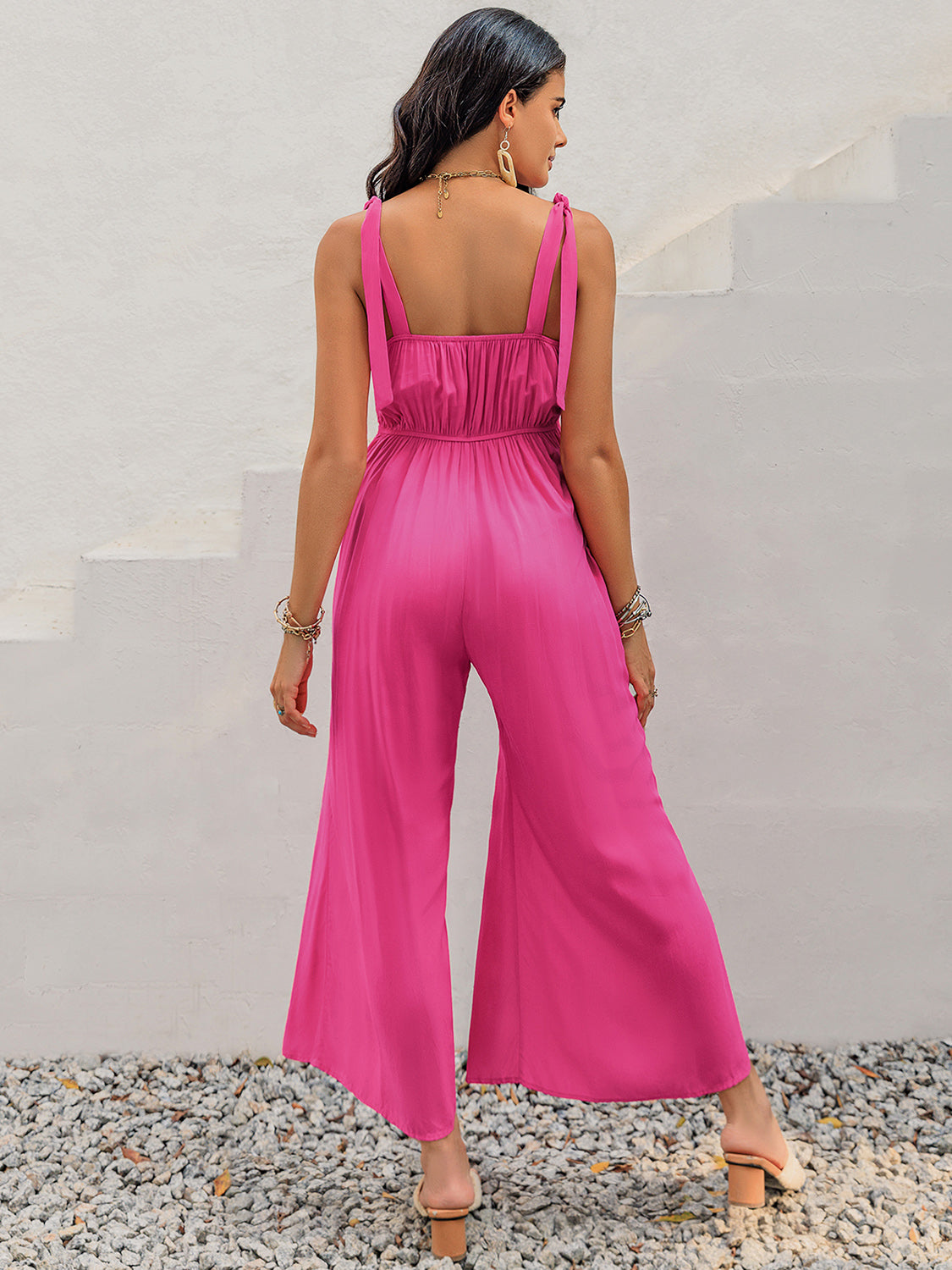V-Neck Wide Strap Slit Jumpsuit with Lace and Tie.