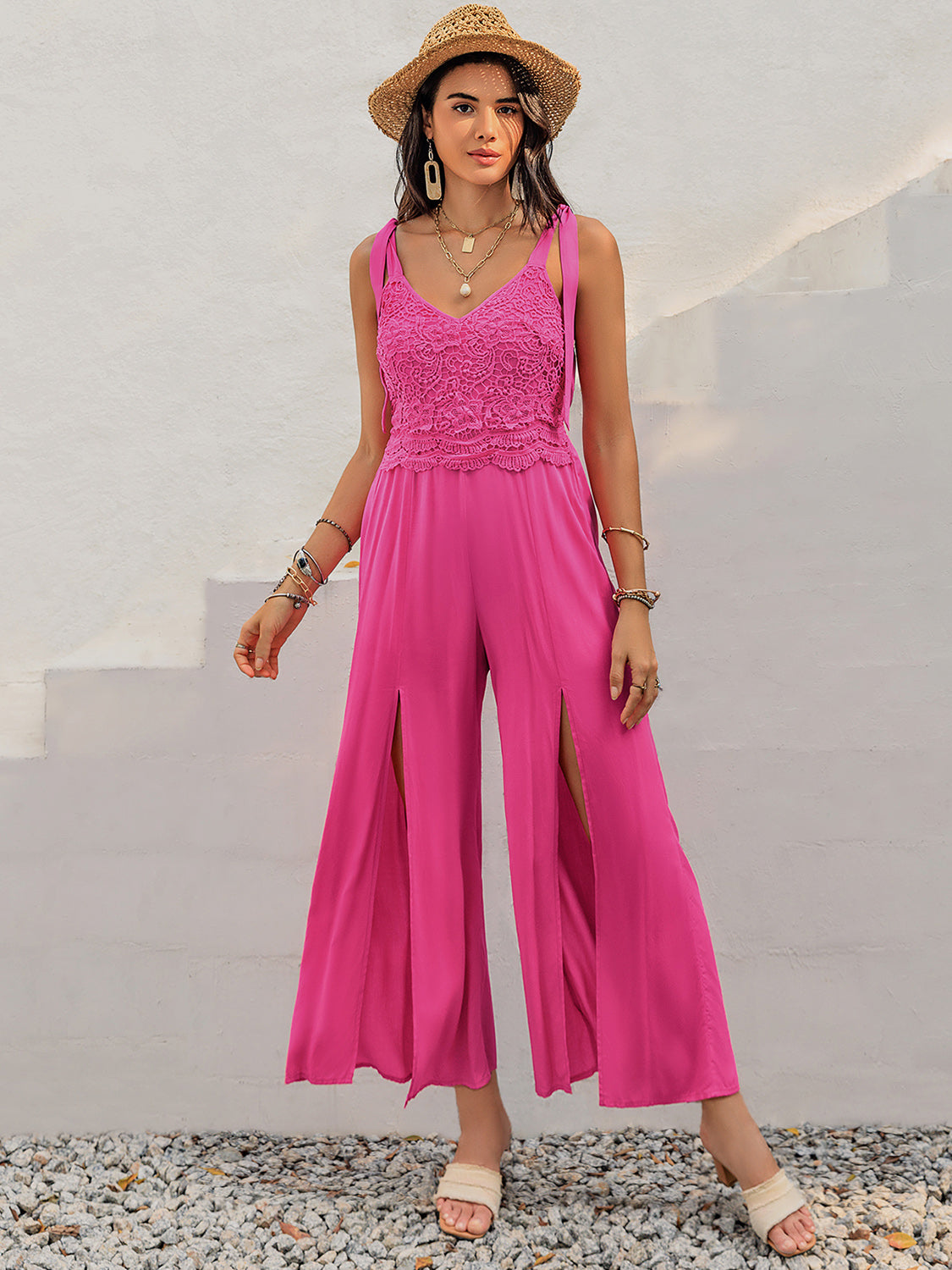 V-Neck Wide Strap Slit Jumpsuit with Lace and Tie.