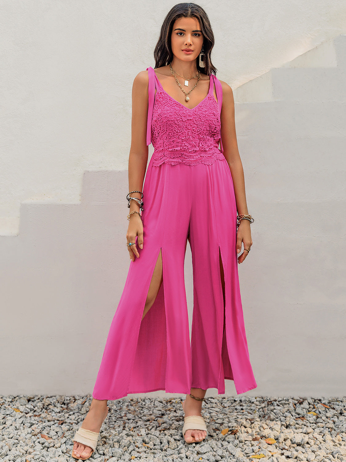 Geometric Notched Neck Romper with Ruffle and Lantern Sleeves.