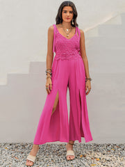 Geometric Notched Neck Romper with Ruffle and Lantern Sleeves.