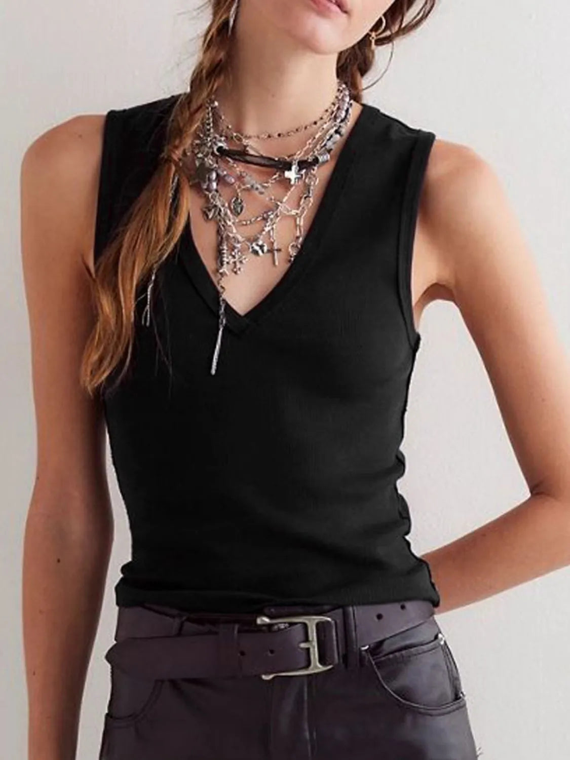 V-neck wide strap tank, slightly stretchy.