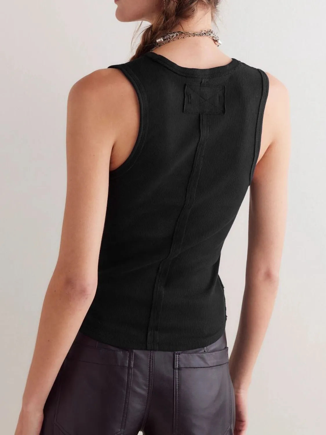 V-neck wide strap tank, slightly stretchy.
