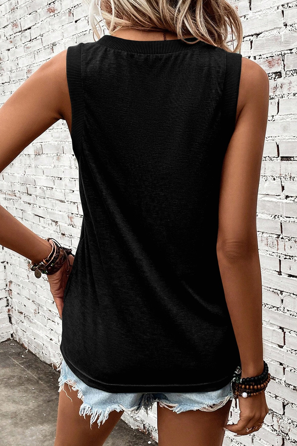 V-neck wide strap tank, opaque and stretchy.