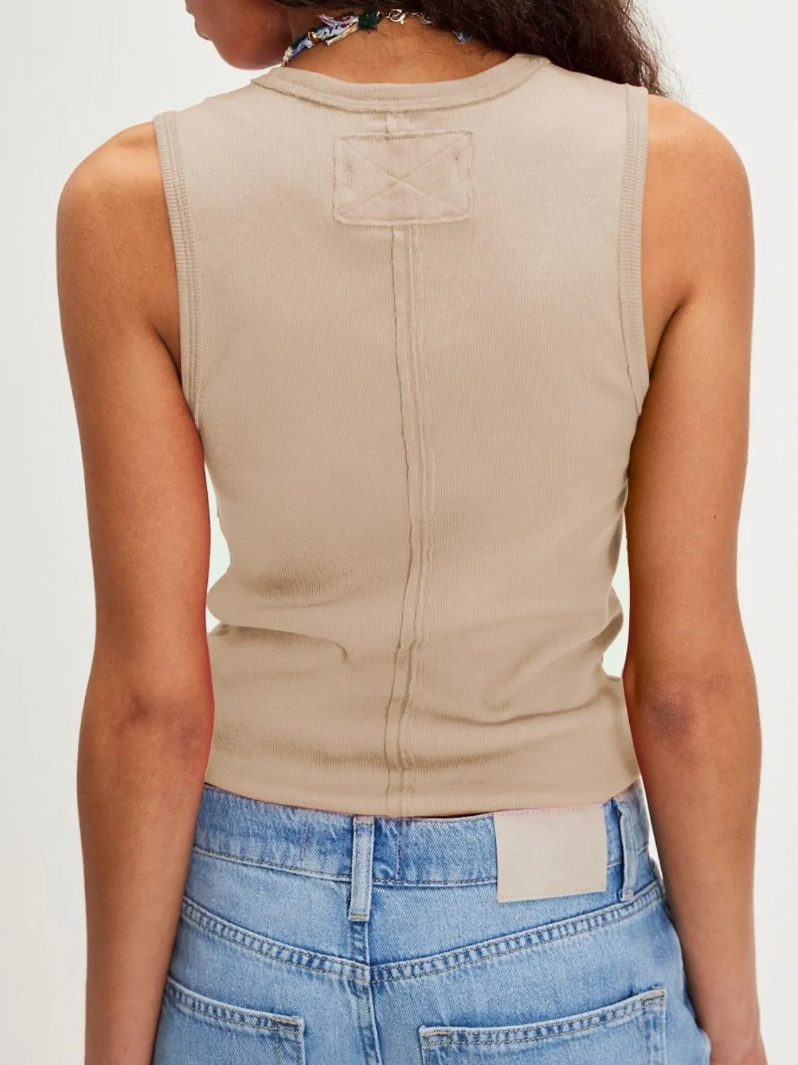 V-neck wide strap tank, slightly stretchy.