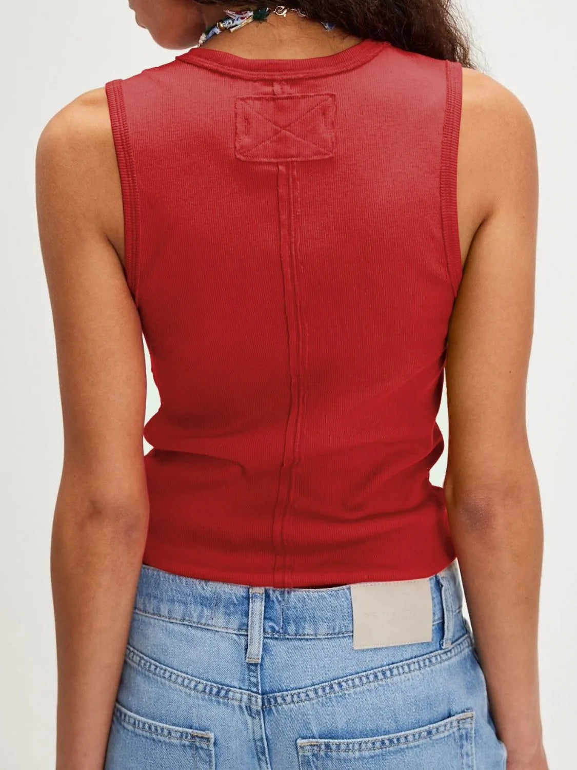 V-neck wide strap tank, slightly stretchy.