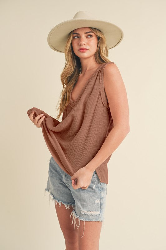 V-neck wide strap tank, opaque.