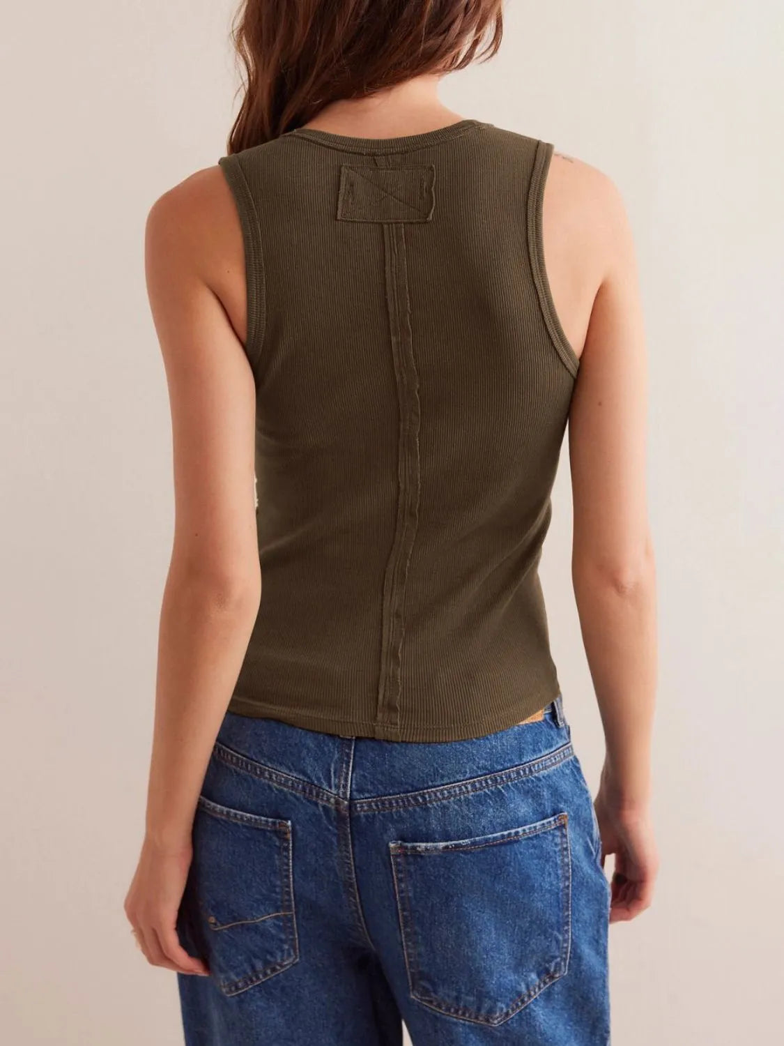 V-neck wide strap tank, slightly stretchy.