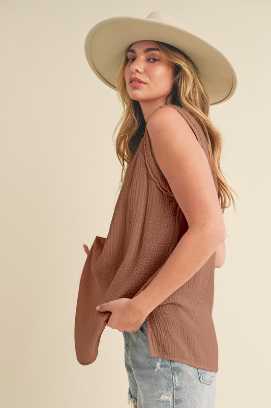 V-neck wide strap tank, opaque.